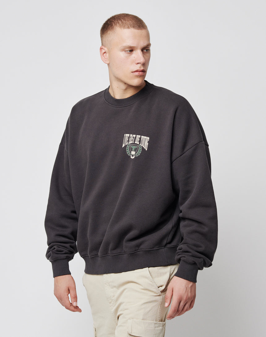 A young man wears the LIVE FAST DIE YOUNG Live Fast Die Young Chest Sweaterāan oversized black sweatshirt with a subtle chest print and vintage effectāpaired with beige cargo pants, standing against a white background and looking left.
