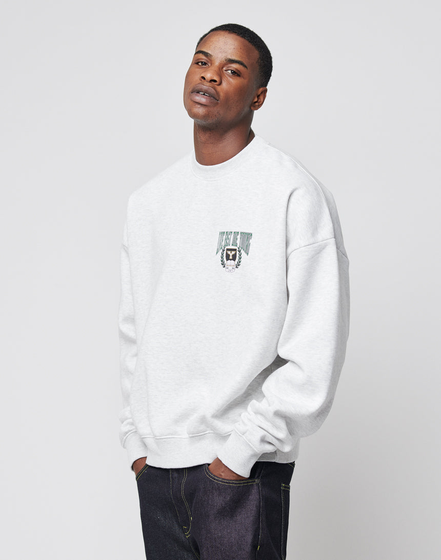 A man wears the LIVE FAST DIE YOUNG Live Fast Die Young Chest Sweater in light gray, featuring a small green and black chest graphic, posing with hands in pockets against a plain light gray background.