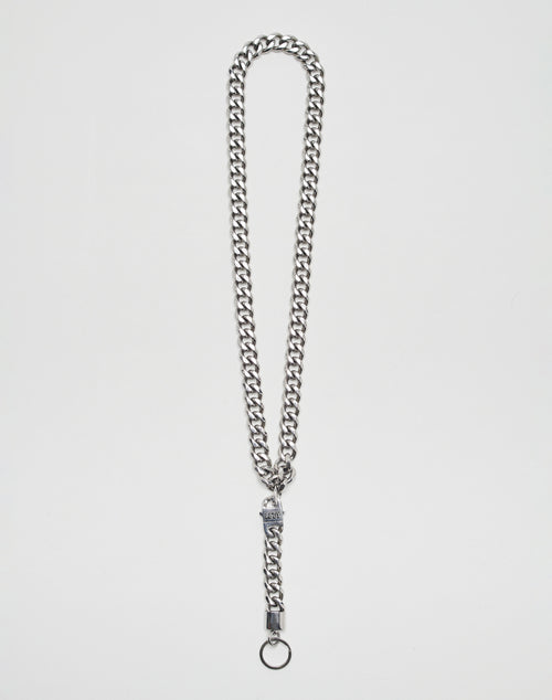 The LFDY Cuban Lanyard by LIVE FAST DIE YOUNG is a robust stainless steel chain with thick, interlocking links in a loop. One end features a small clasp and a round key ring, all placed against a white background.