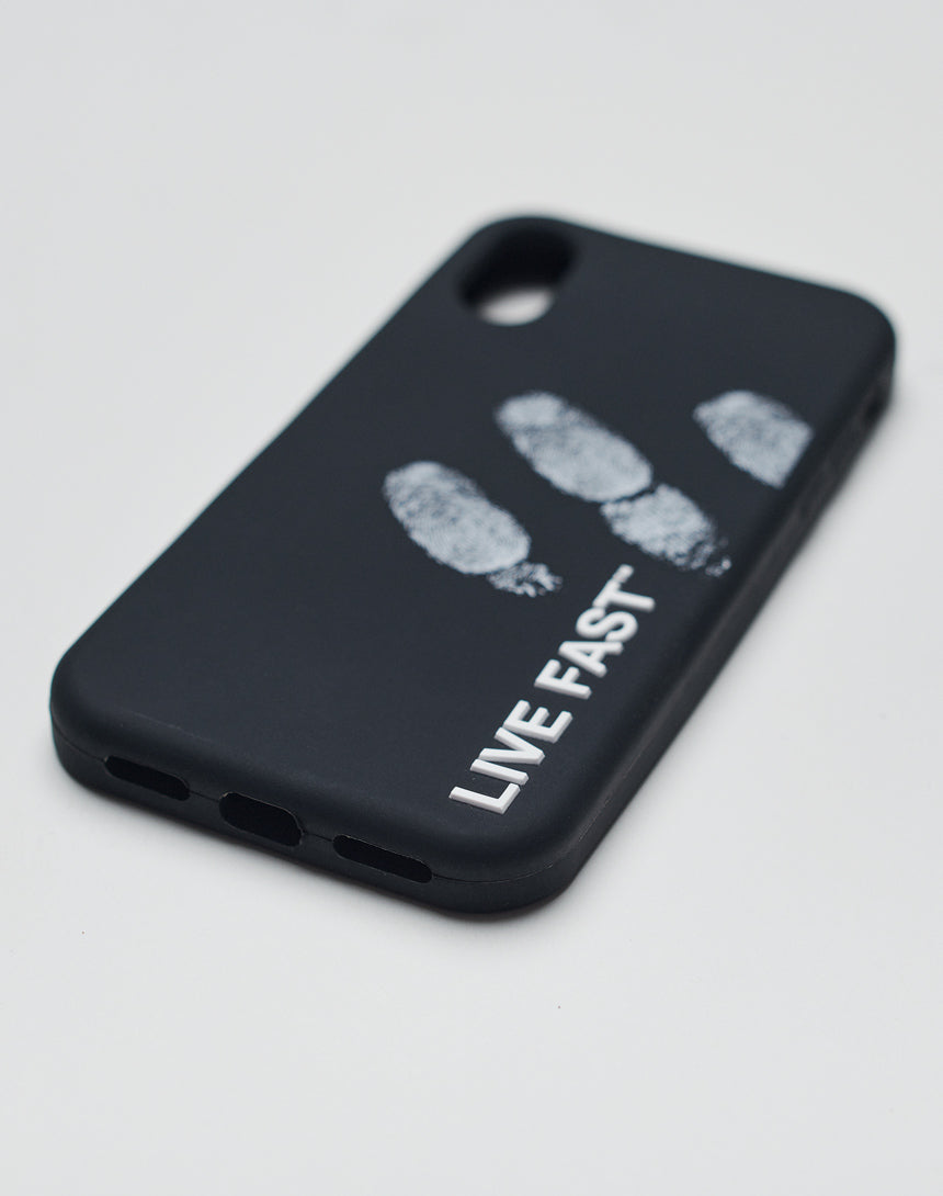 The LFDY Fingerprint iPhone Case is a black silicone cover with three white fingerprint marks and the bold “LIVE FAST” slogan in white at the bottom, offering durability and a comfortable grip.