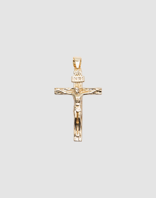 LIVE FAST DIE YOUNG Cross Pendant featuring Jesus on the cross with INRI above, crafted from 925 gold-plated sterling silver, displayed against a plain light gray background.