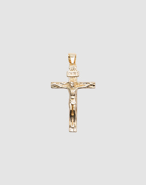 LIVE FAST DIE YOUNG Cross Pendant featuring Jesus on the cross with INRI above, crafted from 925 gold-plated sterling silver, displayed against a plain light gray background.