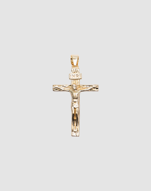 LIVE FAST DIE YOUNG Cross Pendant featuring Jesus on the cross with INRI above, crafted from 925 gold-plated sterling silver, displayed against a plain light gray background.