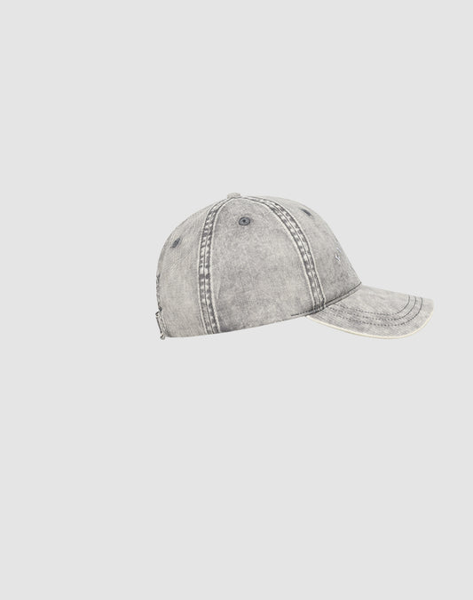 The Live Fast Paris Cap by LIVE FAST DIE YOUNG is a gray, distressed baseball cap with visible stitching, a curved brim, Sunfade Optik, and a Metallschnalle, displayed in profile against a plain light background.