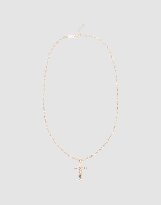 The LIVE FAST DIE YOUNG Cross Pendant is a gold necklace with a fine chain and detailed crucifix, crafted in 925 vergoldet, shown on a plain light gray background.