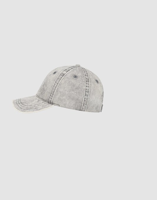 The Live Fast Paris Cap by LIVE FAST DIE YOUNG features faded grey denim in Sunfade Optik, visible stitching, and a Metallschnalle. Shown from the side against a plain light grey background.
