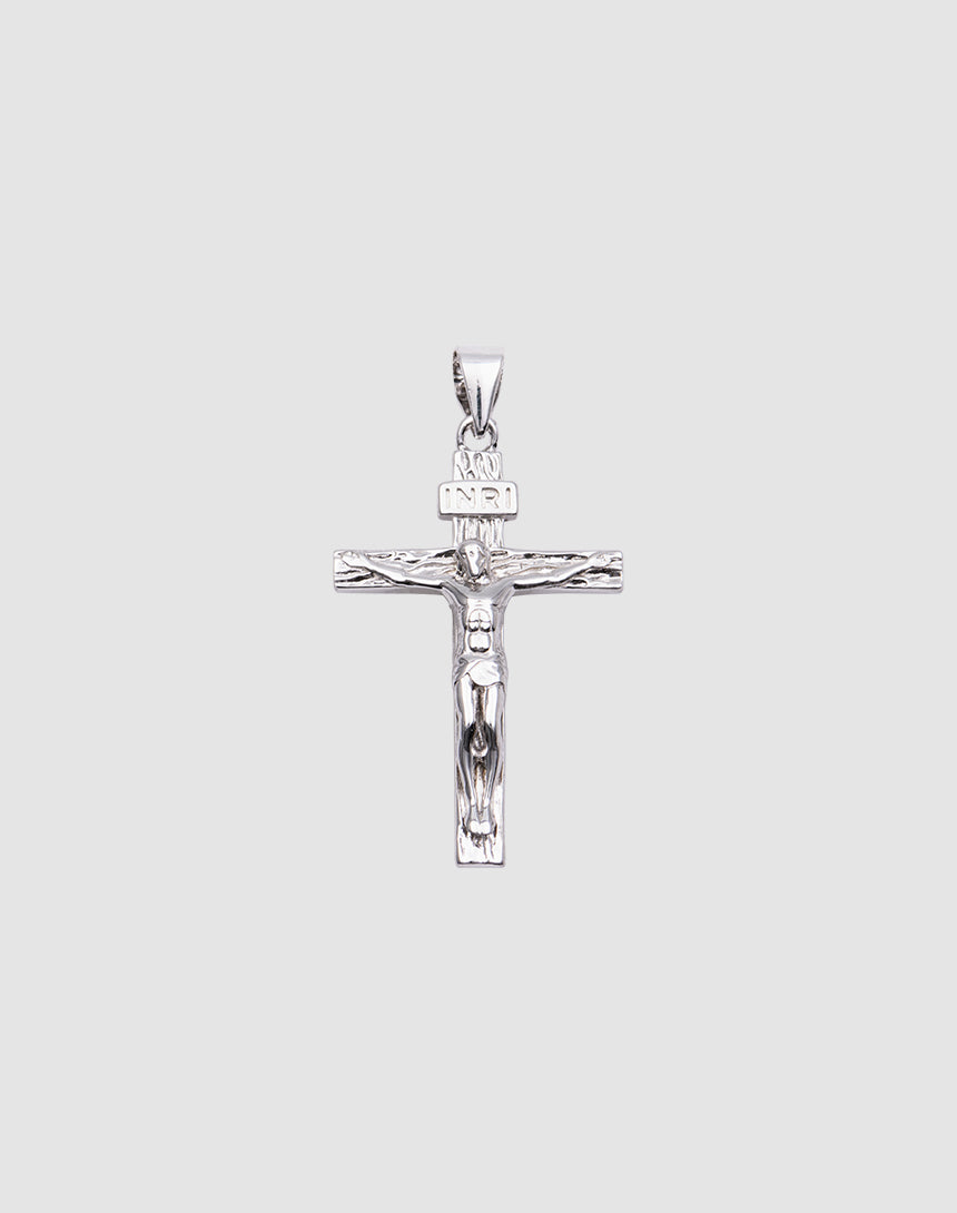 The LIVE FAST DIE YOUNG Cross Pendant is a silver crucifix featuring Jesus Christ on the cross with a small INRI sign, crafted from 925 Sterling Silver and shown against a plain light gray background. 