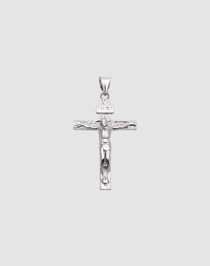 The LIVE FAST DIE YOUNG Cross Pendant is a silver crucifix featuring Jesus Christ on the cross with a small INRI sign, crafted from 925 Sterling Silver and shown against a plain light gray background.