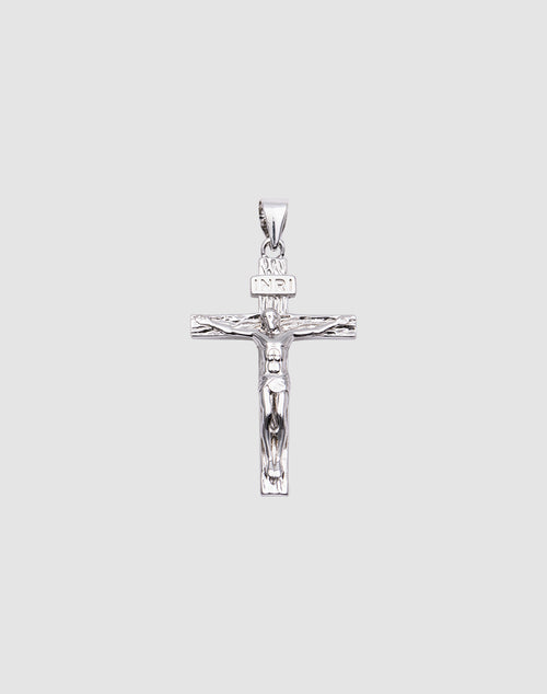 The LIVE FAST DIE YOUNG Cross Pendant is a silver crucifix featuring Jesus Christ on the cross with a small INRI sign, crafted from 925 Sterling Silver and shown against a plain light gray background.