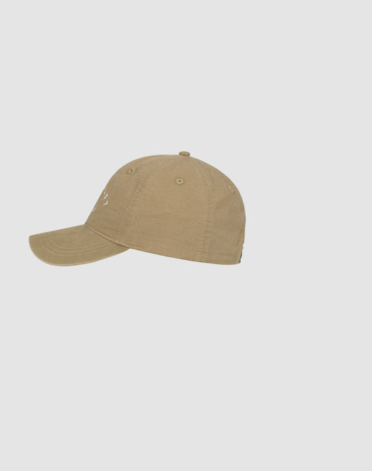 The Live Fast Paris Cap by LIVE FAST DIE YOUNG, made from 100% Baumwolle in plain khaki, is displayed in profile view facing left on a light gray background.