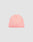 The LIVE FAST DIE YOUNG Double Rib Knit Beanie in pink features a voluminous look and folded brim, is doppellagig gestrickt aus 100% Baumwolle, and is shown against a plain light gray background.
