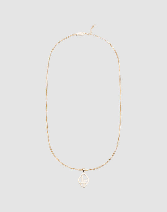 The LF Blank Chain by LIVE FAST DIE YOUNG features a fine 925 gold-plated sterling silver chain with an geometric LF pendant. Adjustable length. Shown on a plain light gray background.