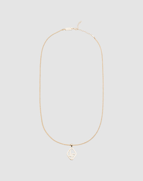 The LF Blank Chain by LIVE FAST DIE YOUNG features a fine 925 gold-plated sterling silver chain with an geometric LF pendant. Adjustable length. Shown on a plain light gray background.