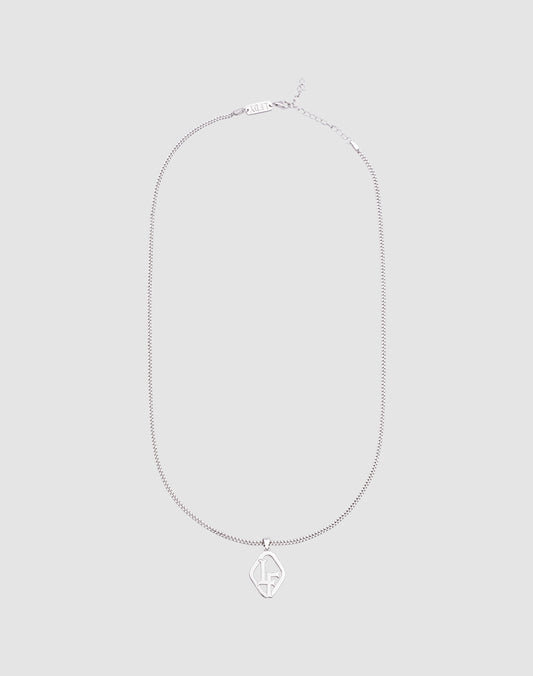 The LF Blank Chain by LIVE FAST DIE YOUNG is a 925 Sterling Silver necklace with a diamond-shaped stylized LF pendant, shown on a light gray background. Adjustable length ensures the perfect fit.