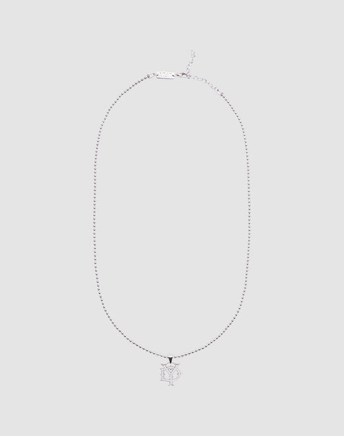 The DY Chain by LIVE FAST DIE YOUNG features a sterling silver necklace with an intricate overlapping E and V pendant, shown on a light gray background. Adjustable length ensures the perfect fit.