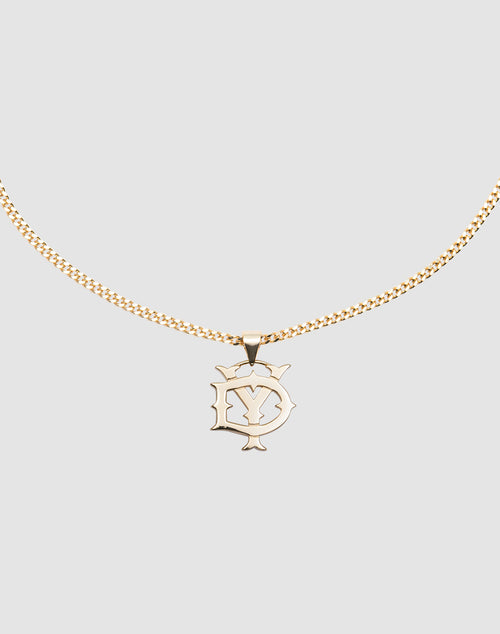 The DY Blank Chain by LIVE FAST DIE YOUNG is a gold necklace featuring a 925 Vergoldet Sterling Silber pendant with an intricate Y and S design inside an outlined shape, displayed on a plain light gray background.