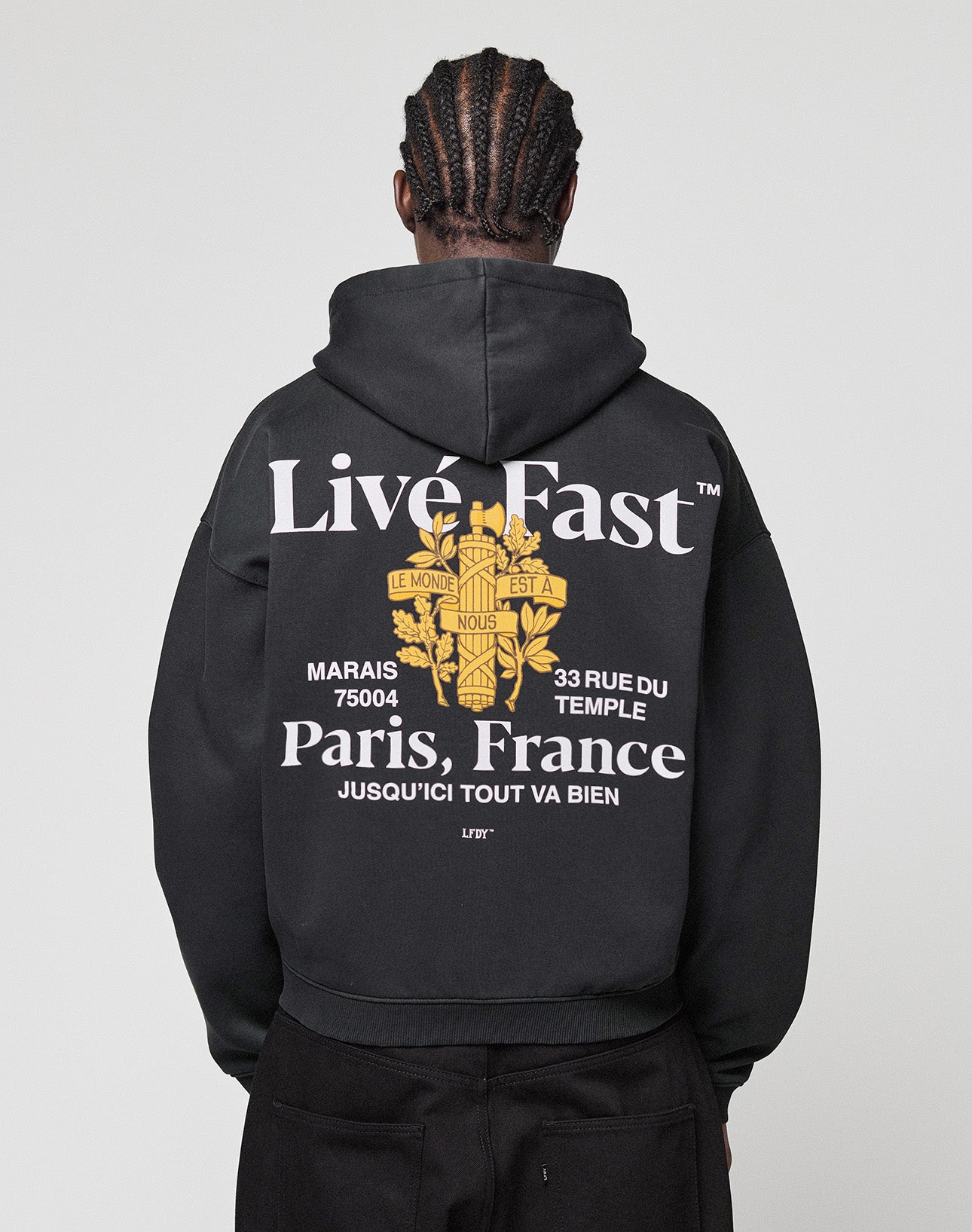 A person with braided hair, seen from behind, wears the LFDY Paris Hooded Zip by LIVE FAST DIE YOUNG—an oversized black Baumwolle Polyester hoodie with white and yellow Live Fast, Paris, France prints and a detailed cross design in French.