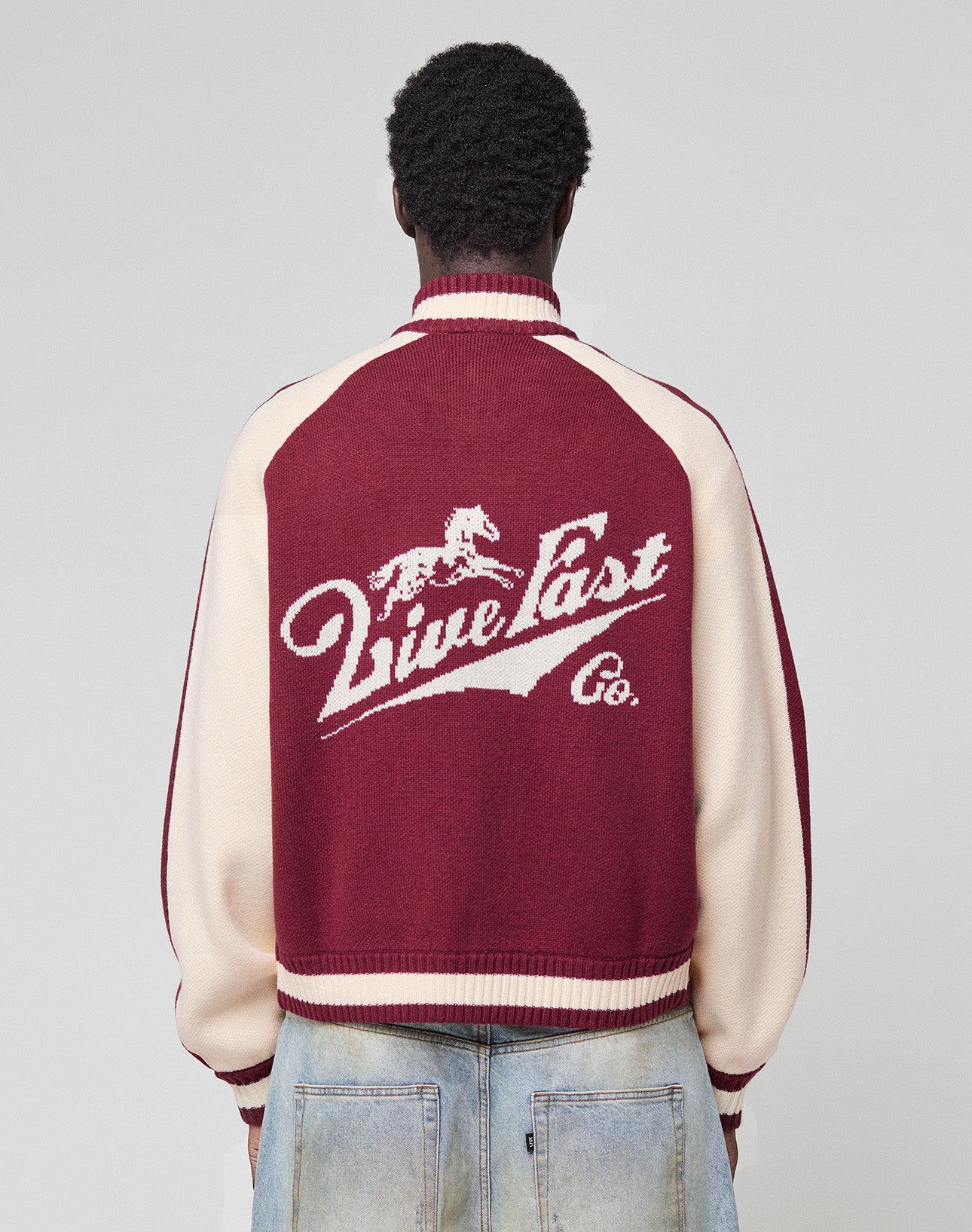 A person wearing the LIVE FAST DIE YOUNG Boxy Knit Zip Jacket with an oversized fit stands against a plain light background, photographed from behind.