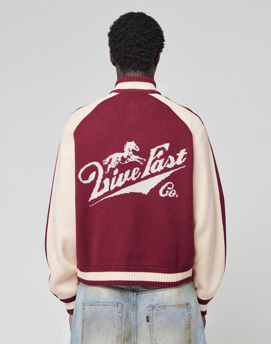 A person wearing the LIVE FAST DIE YOUNG Boxy Knit Zip Jacket with an oversized fit stands against a plain light background, photographed from behind.