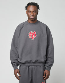 A person stands facing forward in a loose-fitting DY Sweater by LIVE FAST DIE YOUNG, made from cotton. The dark grey oversize sweatshirt displays a red and white graphic logo on the chest. The background is plain and light-colored. | model