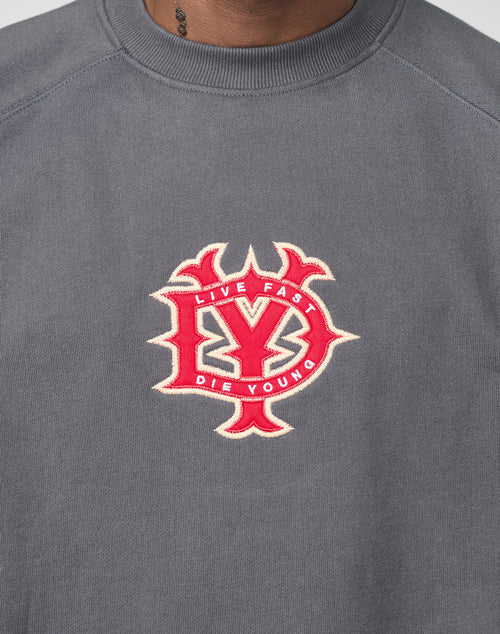 Someone wears the DY Sweater by LIVE FAST DIE YOUNG, an oversize grey sweatshirt with Raglan sleeves and a bold red and white embroidered LIVE FAST DIE YOUNG patch on the chest.