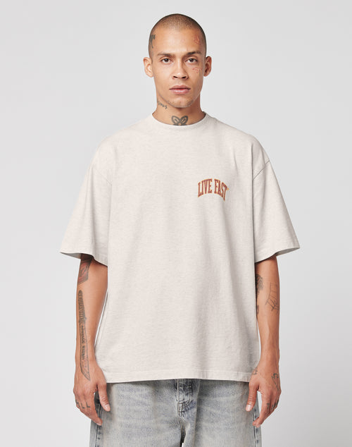 A person with a shaved head and tattoos wears the light gray Live Fast Amsterdam Tee by LIVE FAST DIE YOUNG, featuring small brown LIVE FAST letters on the left chest, standing against a plain background.