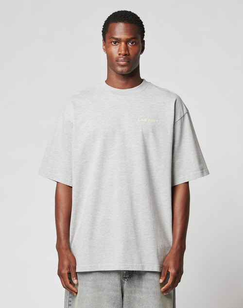 A person stands facing forward against a plain background, wearing the LIVE FAST DIE YOUNG LFDY Hardwear Tee in an oversize fit light grey. Made from a soft Baumwolle blend, it features subtle upper left chest text and coordinated pants.