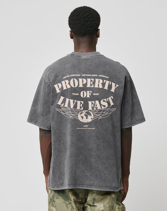 A person stands facing away, wearing the LIVE FAST DIE YOUNG LFDY Property Tee—an oversized faded black T-shirt with front and back prints (PROPERTY OF LIVE FAST and a globe graphic), paired with green camouflage pants.
