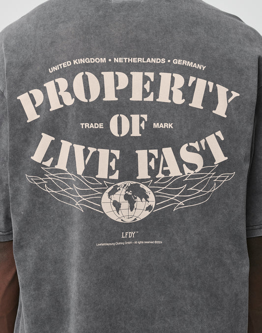 Back view of the LFDY Property Tee by LIVE FAST DIE YOUNG in faded black, featuring large tan “PROPERTY OF LIVE FAST” text above a globe and wings graphic. Front and back print; smaller text references UK, Netherlands, Germany. Oversized fit, 100% Baumwolle.