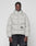 A man with braided hair wears the LIVE FAST DIE YOUNG Live Fast Puffer Jacket, a light gray, oversized, hooded style featuring a reflektierender Print and LIVE FAST graphic, standing against a plain white background.