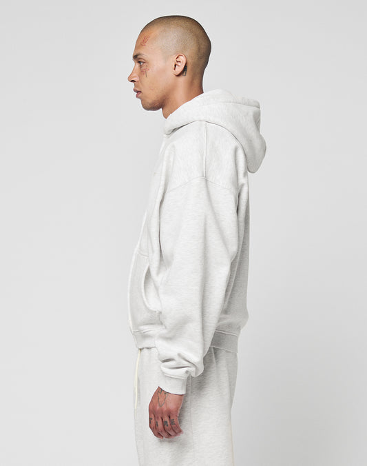 A person with a shaved head stands in profile, wearing a light gray LIVE FAST DIE YOUNG Basic Hooded Zip and matching sweatpants with LFDY branding, set against a plain white background.
