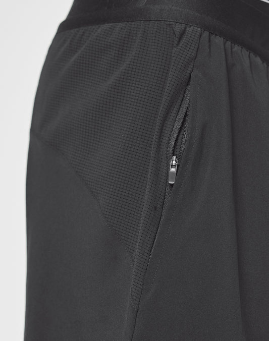 Close-up of Live Fast Performance Running Shorts by LIVE FAST DIE YOUNG, featuring a textured mesh panel, branded detailing, and a zippered side pocket with a small zipper pull.