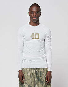 A person faces forward in a LIVE FAST DIE YOUNG LFDY Performance Slim Longsleeve, white with the number 40 on the front, and green-gray camouflage shorts made from leichtes Obermaterial, set against a plain light background. | model