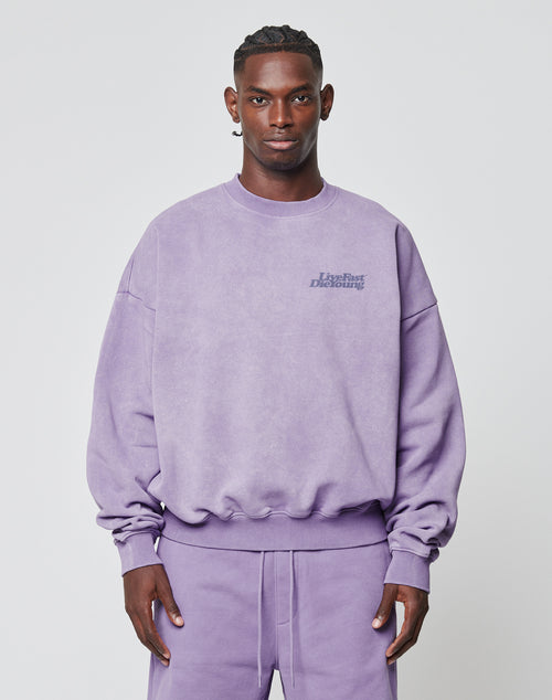 A man faces forward in a LIVE FAST DIE YOUNG Basic Purple Sweater and matching sweatpants in cotton-polyester, featuring subtle left chest text, against a plain white background.