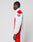 A person with braided hair stands in profile wearing the LFDY Trackjacket 3000 by LIVE FAST DIE YOUNG, a regular fit white and red tracksuit featuring bold DIE lettering on the sleeve and a branded zipper pull. The background is plain and light.