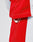 A close-up of the red and white LFDY Trackjacket 3000 by LIVE FAST DIE YOUNG, showing a white elastic drawstring loop with plastic adjuster at the hem and a branded zipper puller, set against a neutral blurred background.