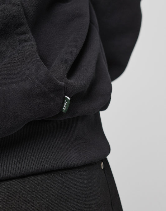 Close-up of a person wearing the LFDY Script Hooded sweatshirt and black pants by LIVE FAST DIE YOUNG. A small green fabric tag with white ADER text is visible on the waistband. The background is plain and light-colored.