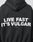 The LF Vulgar Hooded Zip by LIVE FAST DIE YOUNG is a black, oversize-fit hoodie with a striking white back print reading LIVE FAST ITS VULGAR—combining bold style and comfort.