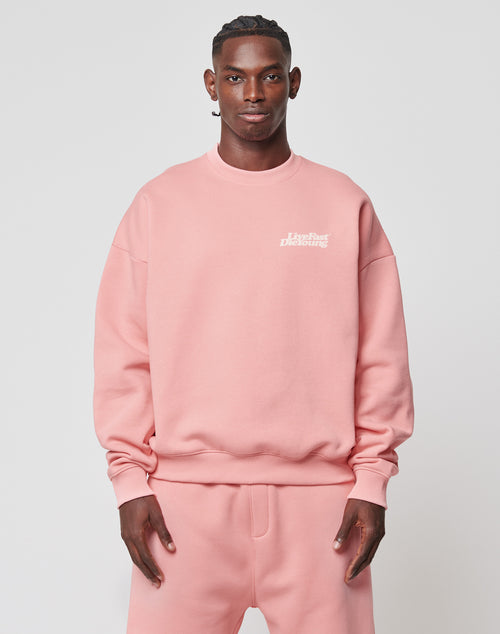A man wearing a light pink LIVE FAST DIE YOUNG Basic Chest Sweater and matching sweatpants stands against a plain background. The cotton-blend sweatshirt features white text on the upper left chest. He faces the camera with a neutral expression.