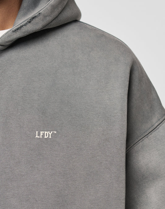 Close-up of a person wearing the LIVE FAST DIE YOUNG Basic Hooded Zip in faded gray with subtle distressing and a small white LFDY⢠logo embroidered on the chest. The lightly cropped fit shows part of the shoulder and upper chest.