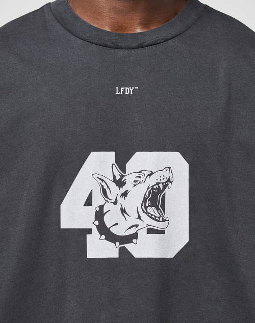 A close-up of the LFDY 40 Tee by LIVE FAST DIE YOUNG, a dark gray oversized t-shirt made from 100% Baumwolle with a white "40" graphic and illustrated dog's head, plus LFDY™ text above the front print.