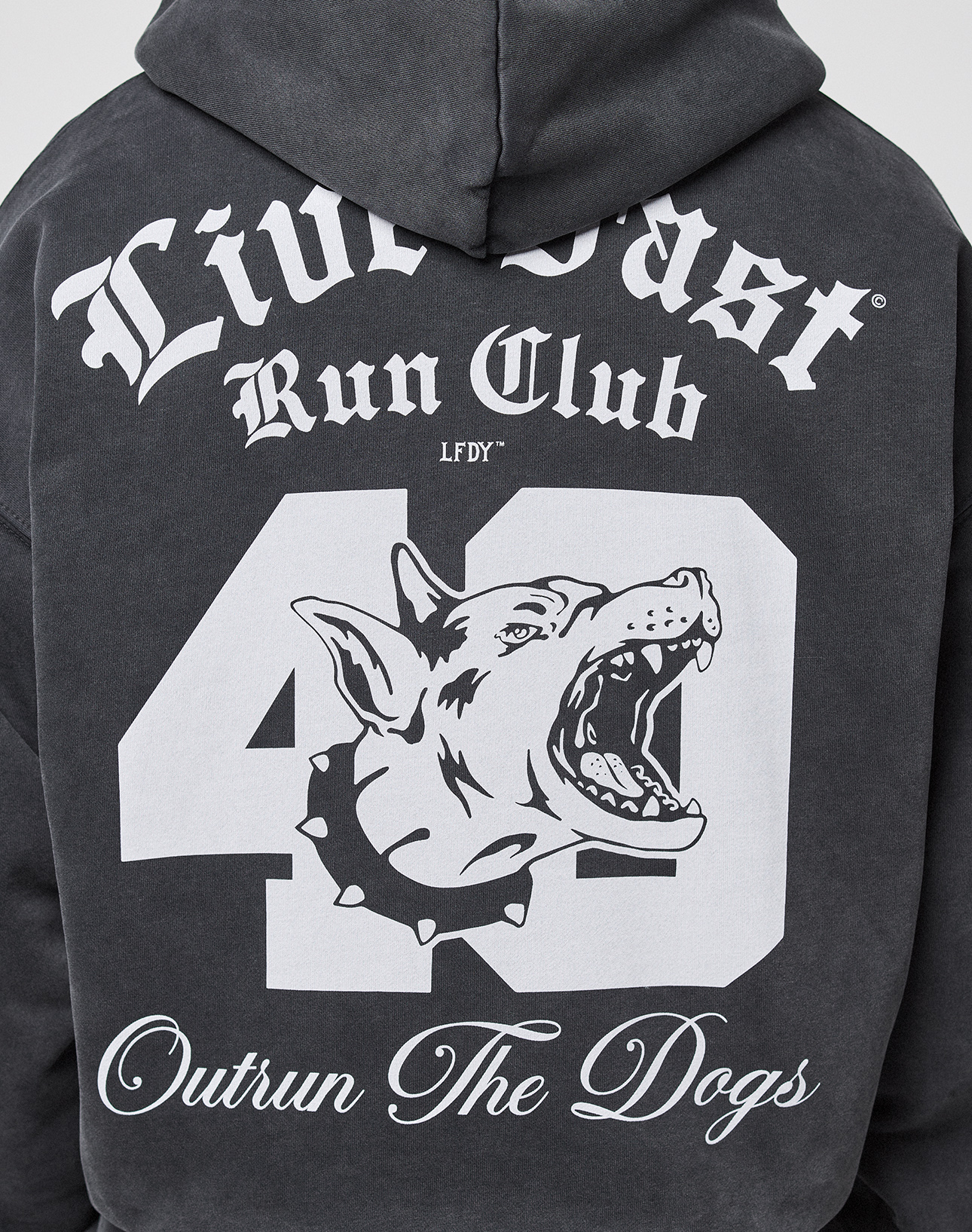 A person wears the LIVE FAST DIE YOUNG LFDY Run Club Hooded Zip, an oversize dark hoodie with bold white “Live Fast Run Club” and “Outrun The Dogs” prints, a large number 40, snarling dog graphic on the back, and a stylish sleeve print.