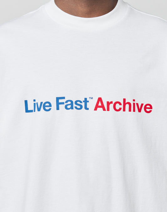 The Live Fast Archive Tee by LIVE FAST DIE YOUNG is a white oversized Baumwolle t-shirt with Live Fast™ in blue and Archive in red.