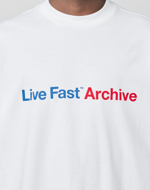 The Live Fast Archive Tee by LIVE FAST DIE YOUNG is a white oversized Baumwolle t-shirt with Live Fast™ in blue and Archive in red.