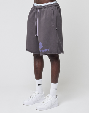 A person wearing LIVE FAST DIE YOUNG Live Fast LF Shorts in gray with a purple FAST graphic, elastic waistband, side pockets, white LEDY socks, and white sneakers stands against a plain white background.