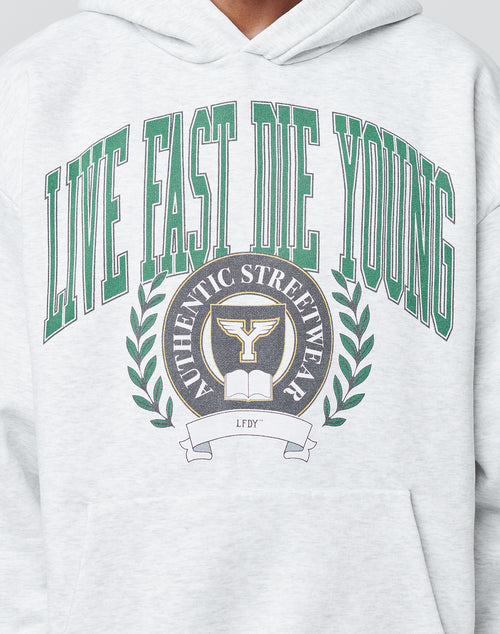 The Live Fast Die Young Hooded by LIVE FAST DIE YOUNG is a light gray oversized hoodie in a cotton-polyester blend, featuring a bold green LIVE FAST DIE YOUNG front print above an emblem with laurel branches and AUTHENTIC STREETWEAR LFDY.