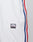 Close-up of LFDY x Trigema Trackpants by LIVE FAST DIE YOUNG: white athletic pants with red and blue side stripes, a small rectangular patch near the pocket with stylized Epimena. Live Fast text. Limitierte Auflage, Regular Fit.