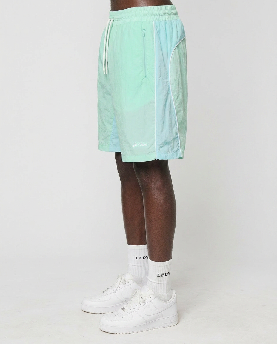 A person wears LIVE FAST DIE YOUNG Beach Shorts in pastel green and light blue, with an elastic waistband and regular fit, paired with LFDY logo white socks and white sneakers, standing against a plain white background.
