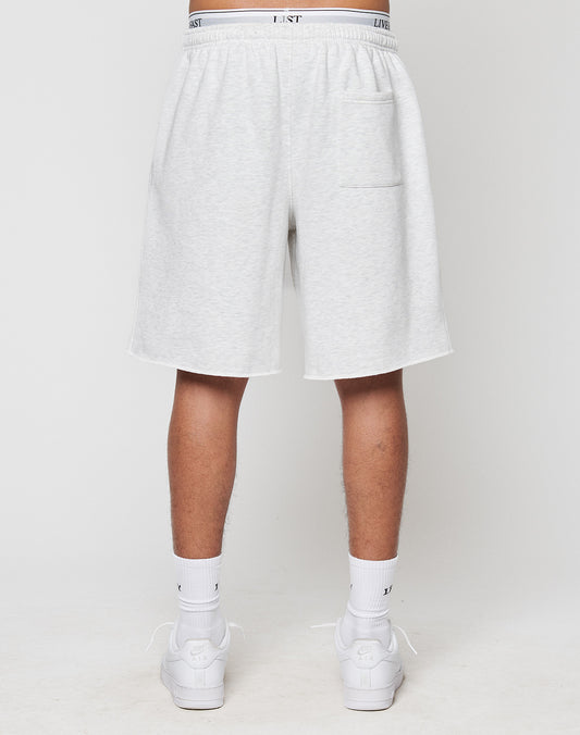 A person stands with their back to the camera, showing only legs and lower torso in LFDY Praying Shorts by LIVE FAST DIE YOUNG—light gray with elastic waistband and side pockets—paired with white crew socks and sneakers against a plain background.