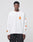 A man wearing the LIVE FAST DIE YOUNG No Rich Parents Longsleeve—a white regular fit shirt with orange graphics on the sleeves and chest, made from 100% Baumwolle—stands facing forward against a plain light gray background, paired with black pants.